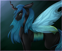 Size: 3000x2500 | Tagged: safe, artist:lou1911, queen chrysalis, changeling, changeling queen, g4, dark background, female, high res, insect wings, simple background, solo, transparent wings, wings