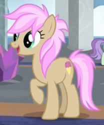 Size: 355x426 | Tagged: safe, screencap, strawberry scoop, earth pony, pony, g4, my little pony: friendship is magic, school daze, background pony, cropped, cute, female, friendship student, mare, open mouth, raised hoof, smiling, solo focus