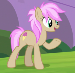 Size: 508x491 | Tagged: safe, screencap, strawberry scoop, earth pony, pony, g4, school daze, background pony, cropped, female, friendship student, mare, open mouth, raised hoof, smiling, solo