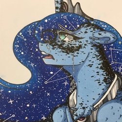Size: 1280x1280 | Tagged: safe, artist:nightmare-moons-throneroom, princess luna, alicorn, pony, g4, chest fluff, coat markings, constellation, constellation hair, crying, dappled, ethereal mane, female, jewelry, mare, open mouth, regalia, simple background, solo, starry mane, white background