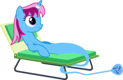 Size: 9761x6400 | Tagged: safe, artist:parclytaxel, oc, oc only, oc:parcly taxel, alicorn, genie, genie pony, pony, albumin flask, .svg available, absurd resolution, alicorn oc, beach chair, bottle, chair, cushion, female, horn, horn ring, mare, on back, relaxing, simple background, smiling, solo, transparent background, vector