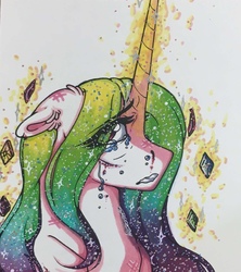 Size: 1135x1280 | Tagged: safe, artist:nightmare-moons-throneroom, princess celestia, pony, g4, blood, bruised, crying, elements of harmony, ethereal mane, female, floppy ears, glowing horn, hair over one eye, horn, injured, magic, mare, missing accessory, sidemouth, solo, starry mane, telekinesis