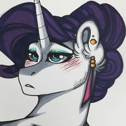 Size: 1280x1280 | Tagged: safe, artist:nightmare-moons-throneroom, rarity, crystal pony, pony, g4, alternate hairstyle, blushing, crystal rarity, ear piercing, earring, eyeshadow, female, jewelry, makeup, mare, piercing, simple background, solo, white background
