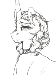 Size: 947x1280 | Tagged: safe, artist:ask-equal-luna, artist:nightmare-moons-throneroom, princess luna, pony, unicorn, g4, alternate hairstyle, black and white, ear fluff, ear piercing, earring, equalized, female, grayscale, jewelry, mare, monochrome, necklace, piercing, simple background, solo, white background