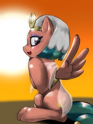 Size: 1536x2048 | Tagged: safe, artist:kurogewapony, somnambula, pegasus, pony, g4, blushing, cute, female, looking back, mare, open mouth, sitting, smiling, solo, somnambetes, spread wings, sun, wings