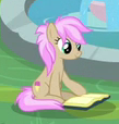 Size: 109x114 | Tagged: safe, screencap, strawberry scoop, earth pony, pony, g4, non-compete clause, background pony, book, cropped, female, friendship student, mare, open book, picture for breezies, reading, sitting, solo