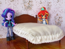 Size: 1600x1200 | Tagged: safe, artist:whatthehell!?, starlight glimmer, sunset shimmer, fish, equestria girls, g4, bed, bedroom, clothes, doll, equestria girls minis, food, irl, photo, quilt, shoes, skirt, sunset sushi, sushi, toy, victorian
