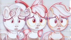 Size: 1280x720 | Tagged: safe, artist:mrerzebra92, apple bloom, scootaloo, sweetie belle, earth pony, pony, g4, marks for effort, cutie mark crusaders, scene interpretation