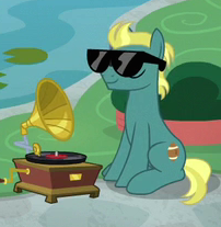Size: 202x207 | Tagged: safe, screencap, end zone, earth pony, pony, g4, non-compete clause, background pony, cropped, cute, eyes closed, friendship student, gramophone, male, sitting, smiling, solo, stallion, sunglasses, zoneabetes