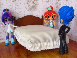 Size: 1600x1200 | Tagged: safe, artist:whatthehell!?, flash sentry, sci-twi, sunset shimmer, twilight sparkle, fish, equestria girls, g4, bed, bedroom, clothes, doll, equestria girls minis, food, irl, photo, quilt, shoes, skirt, sunset sushi, sushi, toy, victorian