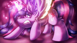 Size: 1920x1080 | Tagged: safe, artist:shad0w-galaxy, twilight sparkle, alicorn, pony, g4, crouching, female, glowing horn, horn, mare, solo, twilight sparkle (alicorn)