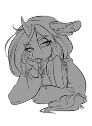 Size: 1939x2645 | Tagged: safe, artist:kez, oc, oc:feiya waull, unicorn, anthro, bored, chewing, clothes, eating, hoodie