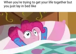 Size: 480x339 | Tagged: safe, edit, edited screencap, screencap, pinkie pie, pony, g4, rock solid friendship, bed, clothes, female, funny, meme, pajamas, solo