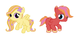 Size: 800x427 | Tagged: safe, artist:teddy-beard, oc, oc only, pegasus, pony, blank flank, colt, duo, female, filly, flower, flower in hair, freckles, male, offspring, parent:big macintosh, parent:fluttershy, parents:fluttermac, simple background, transparent background, unshorn fetlocks