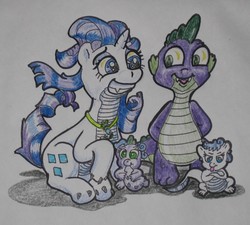 Size: 1009x908 | Tagged: safe, artist:hillbe, rarity, spike, oc, dracony, dragon, hybrid, g4, dragonified, female, foal, full body, interspecies offspring, male, offspring, parent:rarity, parent:spike, parents:sparity, ship:sparity, shipping, sitting, species swap, standing, straight, traditional art