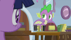 Size: 800x450 | Tagged: safe, screencap, chancellor puddinghead, spike, twilight sparkle, alicorn, pony, g4, marks for effort, season 8, animated, credits, finnish, nicole dubuc, projector, ruff (clothing), twilight sparkle (alicorn), winged spike, wings
