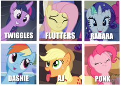 Size: 1800x1273 | Tagged: safe, artist:dwk, applejack, fluttershy, pinkie pie, rainbow dash, rarity, twilight sparkle, alicorn, earth pony, pegasus, pony, unicorn, a health of information, g4, games ponies play, mmmystery on the friendship express, scare master, the hooffields and mccolts, the one where pinkie pie knows, :t, appul, cute, dashabetes, diapinkes, eating, eyes closed, female, flutters, grin, hair ornament, happy, hooves together, image macro, jackabetes, looking at something, looking up, mane six, mare, meme, nickname, open mouth, ponk, rarara, raribetes, shyabetes, silly, silly pony, smiling, tongue out, twiabetes, twiggles, twilight sparkle (alicorn), who's a silly pony