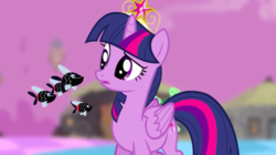 Size: 1440x809 | Tagged: safe, screencap, twilight sparkle, alicorn, fish, pony, g4, princess twilight sparkle (episode), big crown thingy, blurry background, chaos, female, floating, jewelry, mare, purple sky, regalia, school of fish, solo, twilight sparkle (alicorn)