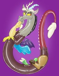 Size: 800x1035 | Tagged: safe, artist:hornbuckle, discord, draconequus, g4, latex, male, purple background, rubber, simple background, solo