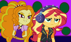 Size: 1800x1059 | Tagged: safe, artist:ktd1993, artist:mixiepie, artist:thebarsection, adagio dazzle, sunset shimmer, equestria girls, equestria girls series, g4, clothes, evil grin, female, frown, geode of empathy, grin, headband, headphones, jacket, jewelry, leather jacket, lesbian, magical geodes, pendant, ship:sunsagio, shipping, smiling