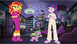 Size: 636x362 | Tagged: safe, artist:starman1999, sci-twi, spike, spike the regular dog, sunset shimmer, twilight sparkle, dog, equestria girls, g4, clothes, pajamas, sci-twi's house