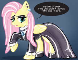 Size: 1035x800 | Tagged: safe, artist:hornbuckle, fluttershy, latex pony, pony, rubber pony, fake it 'til you make it, g4, clothes, dialogue, dress, ear piercing, eyeshadow, female, fluttergoth, latex, lifted leg, looking at you, makeup, piercing, solo