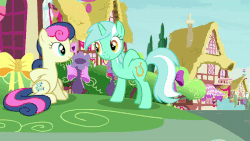 Size: 800x450 | Tagged: safe, screencap, bon bon, lyra heartstrings, sweetie drops, earth pony, pony, unicorn, g4, season 8, the break up breakdown, adorabon, adventure in the comments, animated, best friends, cartoon physics, cute, do ships need sails, female, gif, hammerspace, hearts and hooves day, hug, lesbian, lyrabetes, mare, nuzzling, present, ship:lyrabon, shipping, smiling