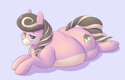 Size: 1483x944 | Tagged: safe, artist:heftyhorsehostler, oc, oc only, oc:creamy neapolitan, earth pony, pony, bbw, belly, big belly, blue background, fat, female, large butt, looking at you, prone, simple background, solo, squishy