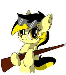 Size: 1007x1150 | Tagged: safe, artist:countryroads, oc, oc:leslie fair, earth pony, pony, /mlpol/, cute, drawthread, female, glasses, gun, holding, looking at you, rifle, weapon