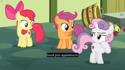 Size: 1920x1080 | Tagged: safe, edit, edited screencap, screencap, apple bloom, scootaloo, sweetie belle, earth pony, pegasus, pony, unicorn, g4, marks for effort, season 8, caption, cutie mark crusaders, female, filly, foal, lidded eyes, lost in translation, out of context, translation