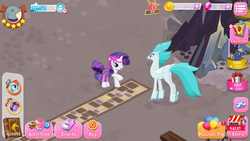 Size: 1280x720 | Tagged: safe, gameloft, rainbow dash, rarity, star tracker, twilight sparkle, classical hippogriff, hippogriff, pony, unicorn, g4, background hippogriff, clothes, dress, duo, feathered fetlocks, female, game screencap, klugetown, mare, unnamed character, unnamed hippogriff