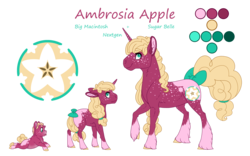Size: 4000x2500 | Tagged: safe, artist:jackiebloom, oc, oc:ambrosia apple, pony, unicorn, age progression, baby, baby pony, coat markings, female, filly, foal, mare, offspring, parent:big macintosh, parent:sugar belle, parents:sugarmac, reference sheet, simple background, socks (coat markings), transparent background