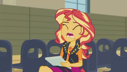 Size: 1920x1080 | Tagged: safe, screencap, sunset shimmer, equestria girls, equestria girls series, g4, rarity investigates: the case of the bedazzled boot, canterlot high, chair, clothes, cut, eyes closed, female, geode of empathy, jacket, leather jacket, magical geodes, open mouth, script, solo, window