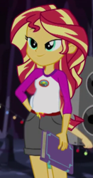 Size: 235x449 | Tagged: safe, edit, edited screencap, screencap, flash sentry, sunset shimmer, comic:a new change, equestria girls, g4, my little pony equestria girls: legend of everfree, book, camp everfree outfits, cropped, female, hand on butt, legend you were meant to be, lidded eyes, looking at you, pregnant, pregnant edit, solo, teen pregnancy