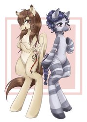 Size: 730x1024 | Tagged: safe, artist:bbtasu, oc, oc only, oc:compass rose (zebra), oc:shidare sakura, pegasus, pony, zebra, semi-anthro, abstract background, chest fluff, crossed arms, duo, duo female, female, looking at you, mare, pale belly, smiling, spread wings, wings, zebra oc