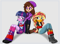 Size: 1800x1300 | Tagged: safe, artist:nivek15, sunset shimmer, twilight sparkle, oc, oc:chloe adore, equestria girls, g4, arm behind back, bondage, boots, bound and gagged, cloth gag, clothes, commission, cute, ear piercing, equestria girls-ified, eyeshadow, female, gag, hands behind back, help us, high heel boots, jacket, leather jacket, leg warmers, lipstick, makeup, pants, piercing, pleated skirt, purple eyeshadow, purple lipstick, rope, ropes, shoes, simple background, skirt, twilight sparkle (alicorn), white background