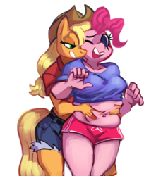 Size: 793x897 | Tagged: safe, artist:saladbomb, applejack, pinkie pie, earth pony, anthro, g4, belly button, belly grab, chubby, clothes, cute, fat, female, lesbian, mare, plump, ship:applepie, shipping, shorts, thick