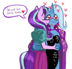 Size: 969x925 | Tagged: safe, artist:saladbomb, starlight glimmer, trixie, unicorn, anthro, g4, blushing, cape, clothes, dress, female, heart, heart eyes, lesbian, mare, ship:startrix, shipping, shirt, skirt, trixie's cape, wingding eyes