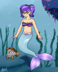 Size: 2000x2500 | Tagged: safe, artist:spokenmind93, oc, oc:okami kenji, oc:spoken mind, mermaid, belly button, breasts, cleavage, glasses, high res, human oc, mermaidized, midriff, ponytail, seashell, seashell bra, signature, species swap, under the sea, underwater