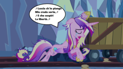 Size: 1280x720 | Tagged: safe, edit, edited screencap, screencap, princess cadance, pony, a canterlot wedding, g4, season 2, aria, caves, dishevelled, eyes closed, female, george frederic handel, handel, italian, lascia ch'io pianga, lyrics, minecart, music notes, open mouth, opera, rinaldo, scratches, singing, solo, song reference, speech bubble, stealth pun, tears of sadness, teary eyes, text, this day aria