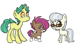 Size: 1000x608 | Tagged: safe, artist:pikokko, oc, oc only, earth pony, pegasus, pony, unicorn, coat markings, colt, freckles, glasses, hair over one eye, male, next generation, offspring, parent:apple bloom, parent:featherweight, parent:pipsqueak, parent:scootaloo, parent:silver spoon, parent:snails, parents:scootasqueak, parents:silverweight, parents:snailbloom, simple background, socks (coat markings), white background