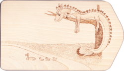 Size: 2800x1601 | Tagged: safe, artist:malte279, oc, oc:empyrea, dragon, duck, craft, dragoness, duckling, female, pen and paper rpg, pyrography, traditional art