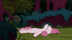 Size: 1920x1080 | Tagged: safe, screencap, mean pinkie pie, earth pony, pony, g4, my little pony: friendship is magic, the mean 6, bored, clone, everfree forest, female, looking up, lying, mare, solo