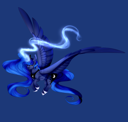 Size: 2000x1900 | Tagged: safe, artist:sheetanii, princess luna, alicorn, pony, g4, blue background, female, flying, glowing horn, horn, large wings, looking at you, magic, mare, simple background, solo, spread wings, wings