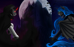 Size: 1944x1245 | Tagged: safe, artist:sinderynaralex, king sombra, nightmare moon, alicorn, pony, unicorn, vampire, g4, castle, clothes, crossover, dance of the vampires, dracula, fangs, female, male, mare, smiling, stallion