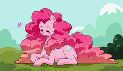 Size: 1400x810 | Tagged: safe, artist:pikokko, pinkie pie, butterfly, earth pony, pony, g4, blushing, cute, eyes closed, female, fluffy mane, huge mane, long hair, prone, smiling, solo