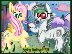 Size: 1280x960 | Tagged: safe, artist:krazykari, fluttershy, oc, oc:front page, earth pony, pony, g4, dexterous hooves, everfree northwest, female, mare, microphone, tree