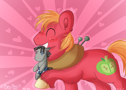 Size: 4900x3500 | Tagged: safe, artist:inkwellartz, big macintosh, smarty pants, earth pony, pony, g4, absurd resolution, blushing, cute, eyes closed, heart, macabetes, male, mouth hold, plushie, raised hoof, solo, stallion, sunburst background, toy