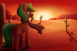 Size: 3475x2313 | Tagged: safe, artist:fluffymaiden, oc, oc only, oc:jaeger sylva, pony, cactus, commission, desert, facial hair, high res, solo, sunset