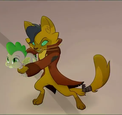 Size: 570x540 | Tagged: safe, screencap, capper dapperpaws, spike, abyssinian, cat, dragon, anthro, digitigrade anthro, g4, my little pony: the movie, behaving like a weapon, chest fluff, clothes, coat, cropped, duo, flamethrower spike, male, paws, puffy cheeks